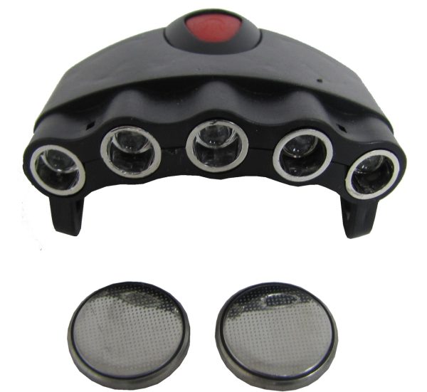 Front of of the caplight showing the five LEDs and the two included batteries