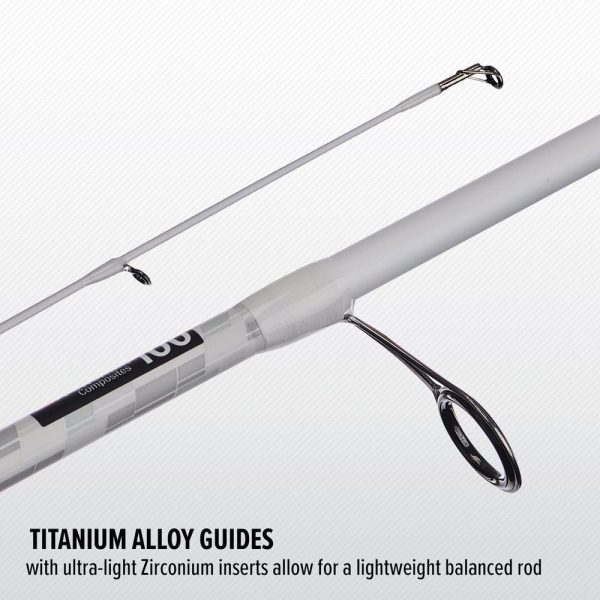 Close up of the guides and tip with the words titanium alloy guides with ultra light zirconium inserts allow for a lightweight balanced rod