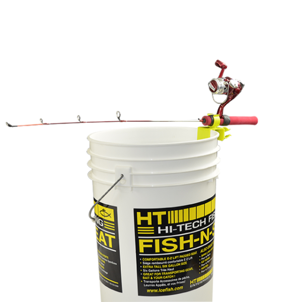 a rod affixed to a bucket using the tip up with the reel facing upwards