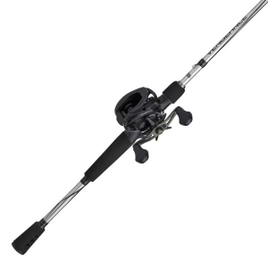 close up of the reel and rod of the right handed vengeance baitcast combo