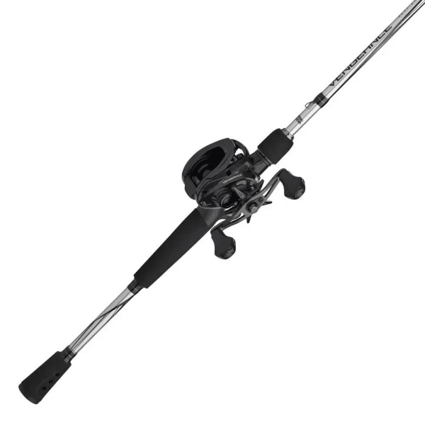 close up of the reel and rod of the right handed vengeance baitcast combo