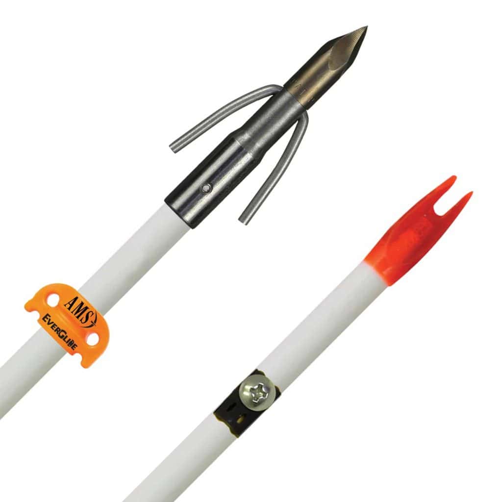 Close up of both ends of the bow fishing arrow to see the heavy gauge wire barb and the safety slide