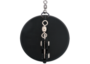 top view of a black dipsy diver lure showing the hardware