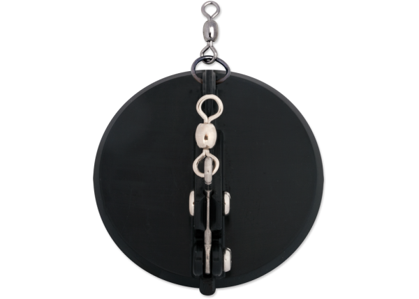 top view of a black dipsy diver lure showing the hardware
