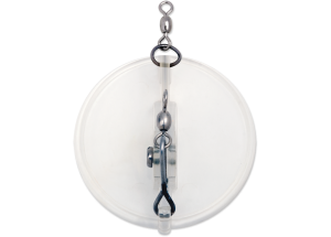 top view of a clear dipsy diver lure showing the hardware