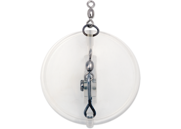 top view of a clear dipsy diver lure showing the hardware