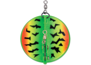 top view of a green, yellow and red with black tiger markings dipsy diver lure showing the hardware