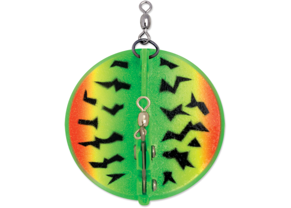top view of a green, yellow and red with black tiger markings dipsy diver lure showing the hardware