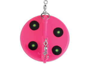 top view of a bright pink with black and green spots dipsy diver lure showing the hardware