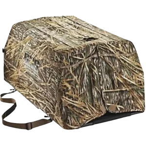 Grass Camo colored dog blind shown closed with a carrying strap