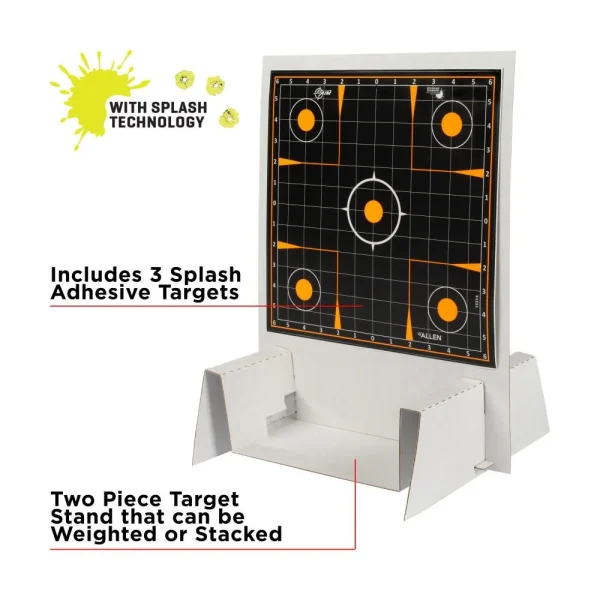 EZ Aim Adhesive Splash Reactive Paper Shooting Targets Kit & Target Stand, 12" Square Sight-In Grid Targets, 3-Pack, 13.5"W x 17.5"H Target Stand, Black/Orange/White