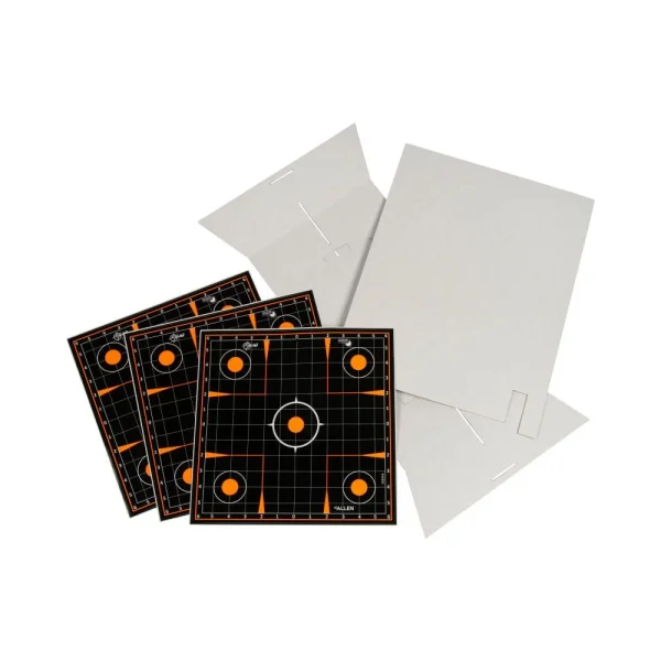EZ Aim Adhesive Splash Reactive Paper Shooting Targets Kit & Target Stand, 12" Square Sight-In Grid Targets, 3-Pack, 13.5"W x 17.5"H Target Stand, Black/Orange/White